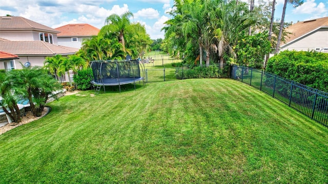 view of yard with a fenced backyard and a trampoline