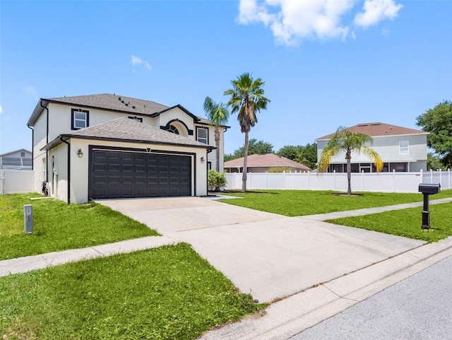 traditional-style home with stucco siding, fence, a front yard, and a garage