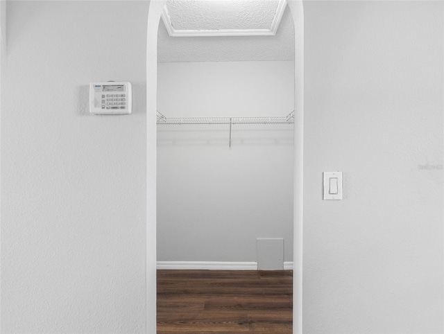 walk in closet with wood finished floors