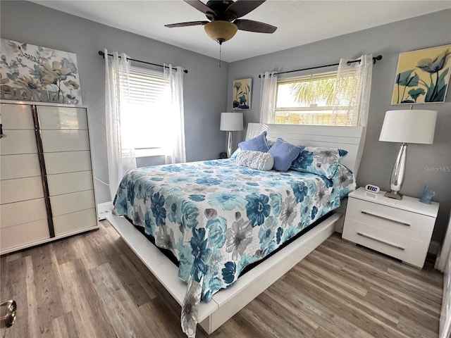 bedroom featuring a ceiling fan, wood finished floors, and multiple windows