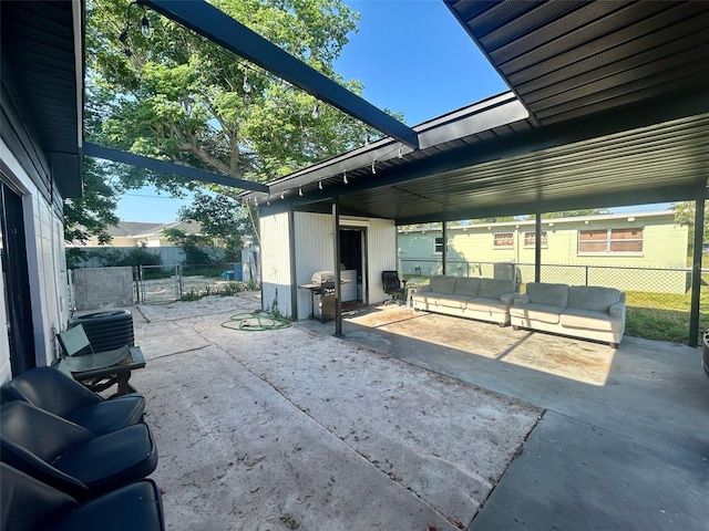 view of patio / terrace with an outdoor living space, central AC, fence, and area for grilling