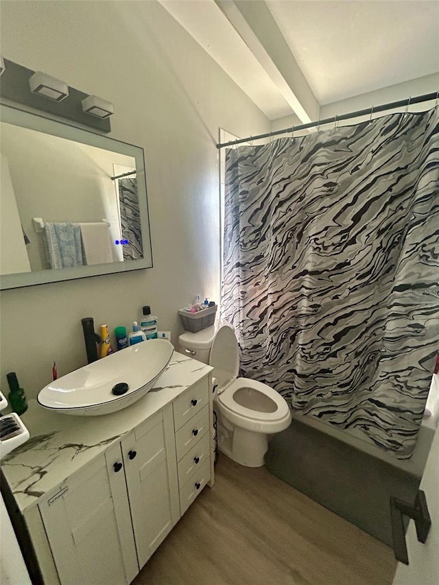 bathroom with toilet, curtained shower, wood finished floors, and vanity
