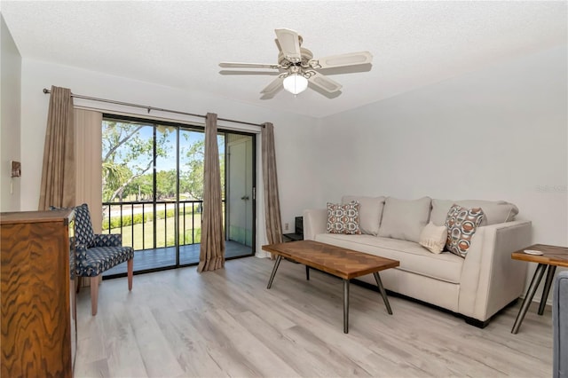112 W Cypress Ct, Oldsmar, FL 34677 - living room featuring a textured ceiling, ceiling fan, and light wood-type flooring