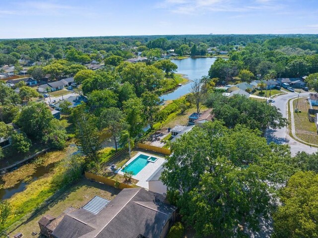 drone / aerial view featuring a water view