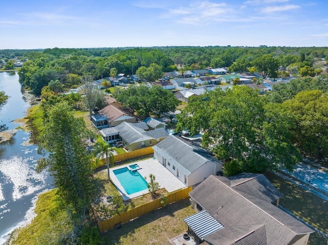 aerial view with a water view and a residential view