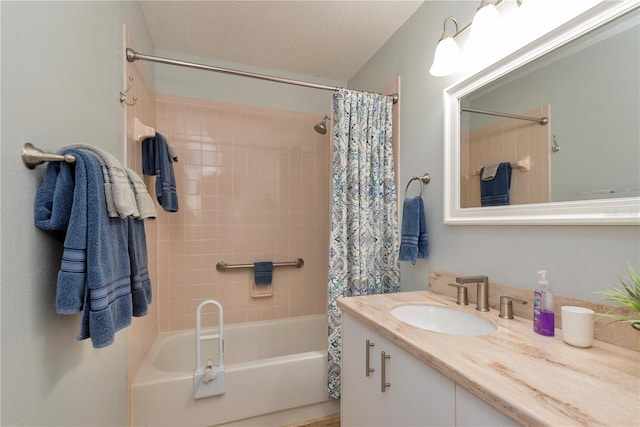 full bathroom with shower / tub combo with curtain and vanity
