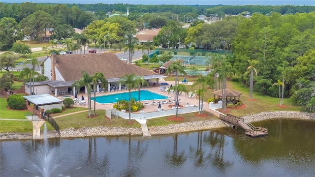 aerial view of a large body of water and a pool area