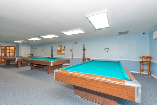 playroom featuring carpet, pool table, and baseboards