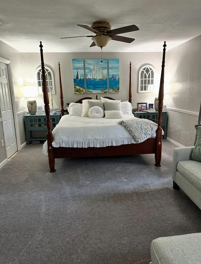 bedroom featuring baseboards, carpet, and ceiling fan