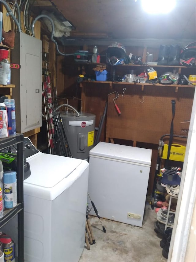 washroom featuring laundry area, washer / dryer, electric panel, and electric water heater