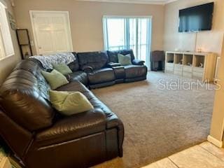 5443 Tangerine Dr, New Port Richey, FL 34652 - carpeted living room with ornamental molding and tile patterned floors