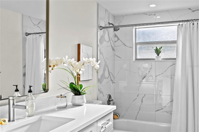 full bath with vanity and shower / tub combo with curtain