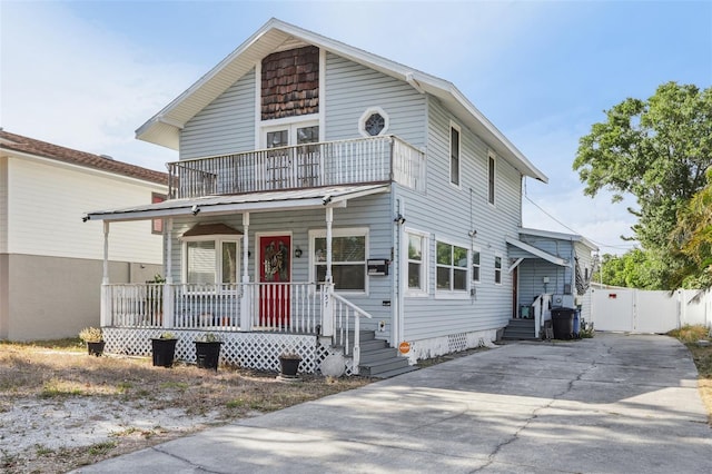 757 32nd Ave N, Saint Petersburg, FL 33704 - view of front of house featuring a balcony, a gate, crawl space, a porch, and driveway