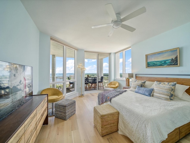 331 Cleveland St # 1806, Clearwater, FL 33755 - bedroom with a wall of windows, ceiling fan, light wood-style flooring, and access to exterior