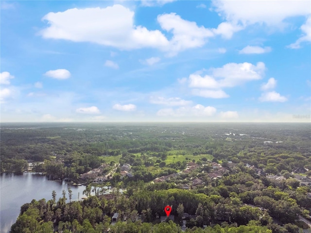 drone / aerial view with a water view and a wooded view