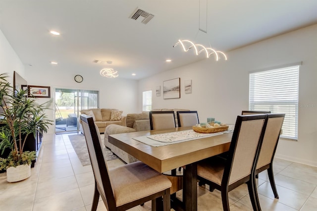 dining area featuring recessed lighting, light tile patterned flooring, and visible vents