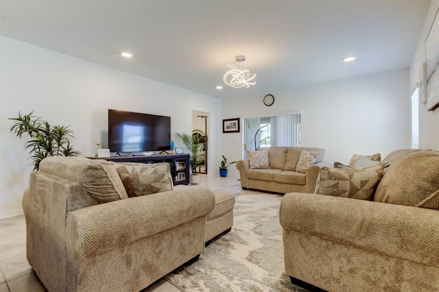 living area with recessed lighting, a chandelier, and plenty of natural light