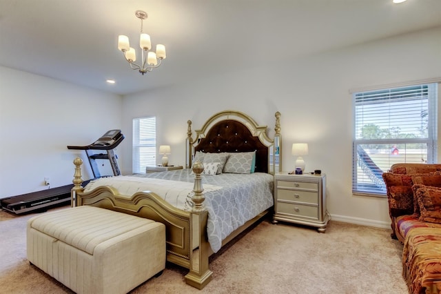 bedroom featuring an inviting chandelier, recessed lighting, carpet, and baseboards