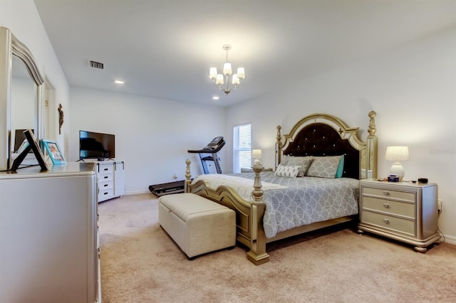 bedroom with visible vents, light colored carpet, baseboards, an inviting chandelier, and recessed lighting