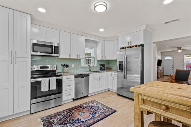 kitchen with stainless steel appliances, visible vents, white cabinetry, and a sink