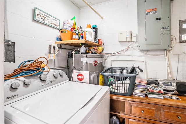 washroom featuring electric panel, laundry area, washer / clothes dryer, concrete block wall, and electric water heater