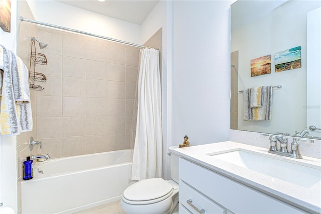 bathroom featuring shower / bath combo with shower curtain, tile patterned flooring, toilet, and vanity