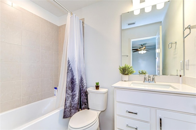 bathroom featuring a ceiling fan, visible vents, shower / bath combo, vanity, and toilet