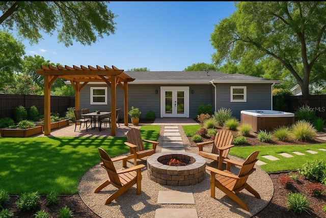10931 110th Ave, Seminole, FL 33778 - rear view of house with french doors, cooling unit, an outdoor fire pit, a pergola, and a patio
