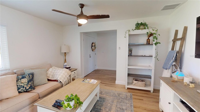 1849 Del Robles Dr, Clearwater, FL 33764 - living area with visible vents, a ceiling fan, light wood finished floors, and baseboards