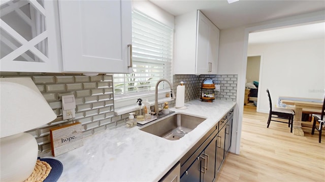 1849 Del Robles Dr, Clearwater, FL 33764 - kitchen with a sink, tasteful backsplash, light wood-style floors, and white cabinets