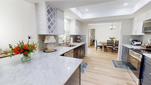 1849 Del Robles Dr, Clearwater, FL 33764 - kitchen featuring white cabinets, a sink, a raised ceiling, stainless steel appliances, and backsplash