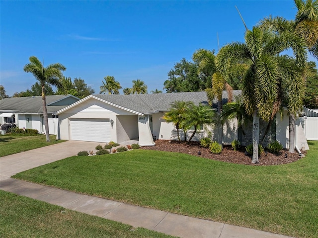 1849 Del Robles Dr, Clearwater, FL 33764 - ranch-style house with driveway, fence, a front lawn, an attached garage, and stucco siding