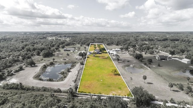 birds eye view of property with a water view and a view of trees