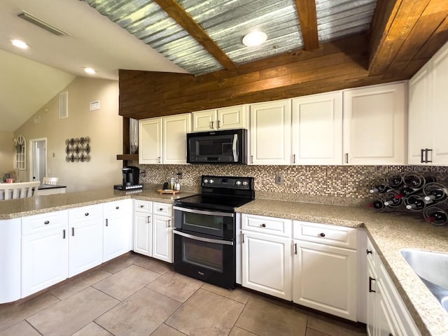kitchen featuring decorative backsplash, double oven range, visible vents, lofted ceiling with beams, and a peninsula