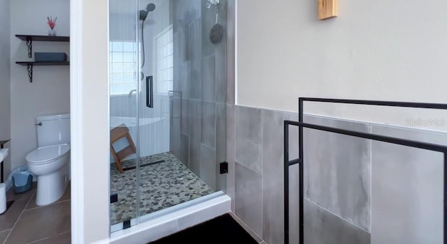 bathroom featuring tile patterned flooring, a shower stall, and toilet