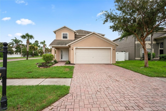 1506 Lenton Rose Ct, Trinity, FL 34655 - traditional-style home featuring fence, a front yard, decorative driveway, stucco siding, and an attached garage