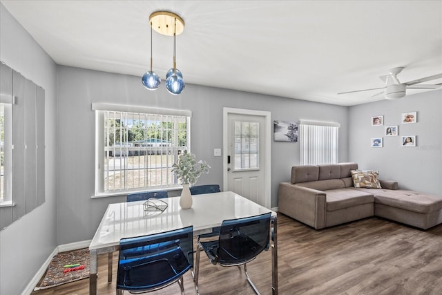 dining area featuring a ceiling fan and wood finished floors