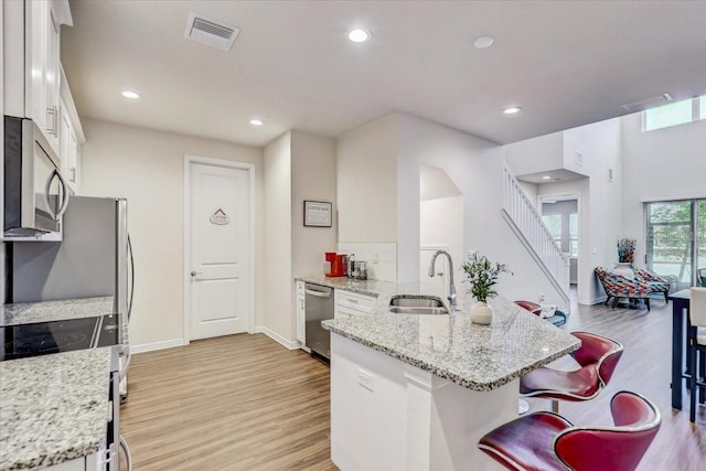 kitchen featuring a kitchen breakfast bar, visible vents, a sink, white cabinets, and stainless steel appliances