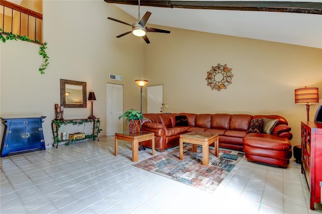 2600 Forest Run Ct, Clearwater, FL 33761 - tiled living room with ceiling fan and high vaulted ceiling
