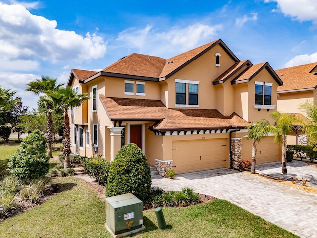 view of front facade featuring a garage, stucco siding, a front lawn, and decorative driveway