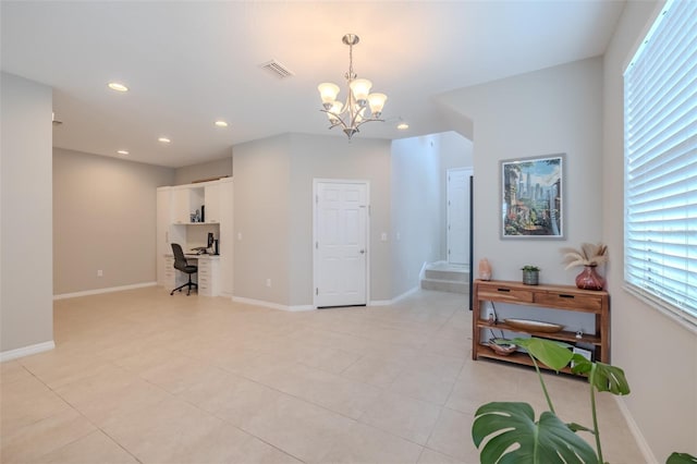 interior space featuring light tile patterned floors, recessed lighting, and a notable chandelier