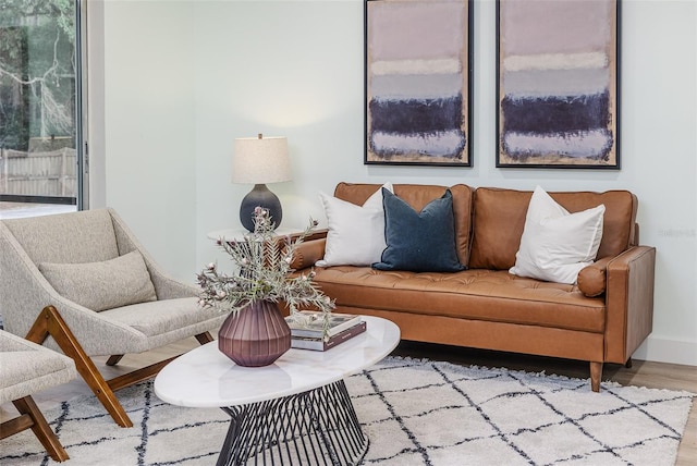 living area featuring baseboards and wood finished floors