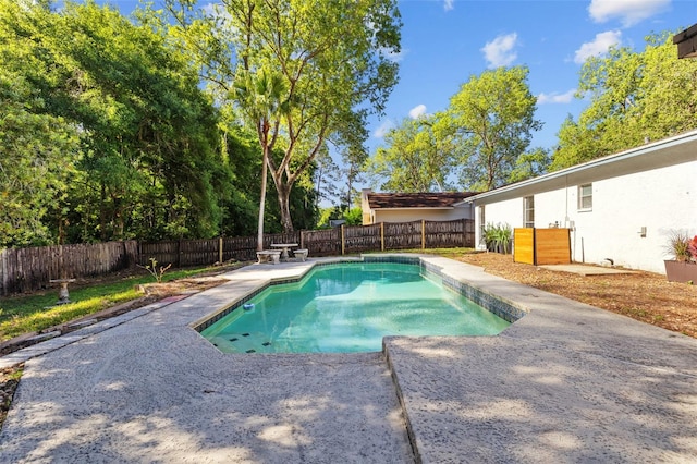 view of pool featuring a fenced in pool, a fenced backyard, and a patio area
