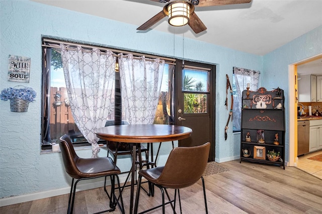 dining area with a textured wall, a wealth of natural light, ceiling fan, and light wood-style floors