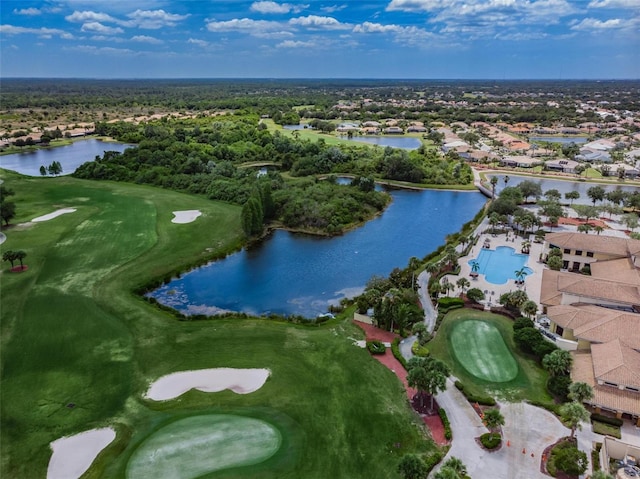 bird's eye view featuring a residential view, view of golf course, and a water view