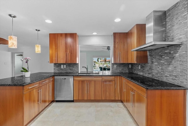 4531 44th St S, Saint Petersburg, FL 33711 - kitchen featuring stainless steel dishwasher, brown cabinets, a sink, black electric stovetop, and wall chimney exhaust hood