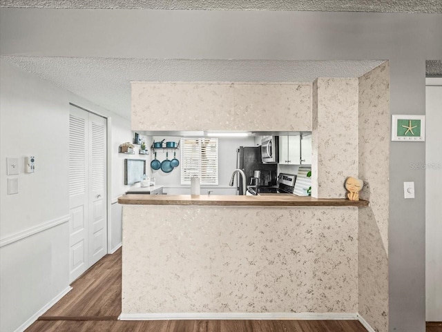kitchen featuring dark wood finished floors, a sink, baseboards, a peninsula, and stainless steel appliances