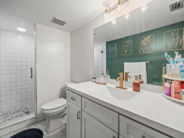 bathroom with marble finish floor, a shower stall, toilet, and visible vents
