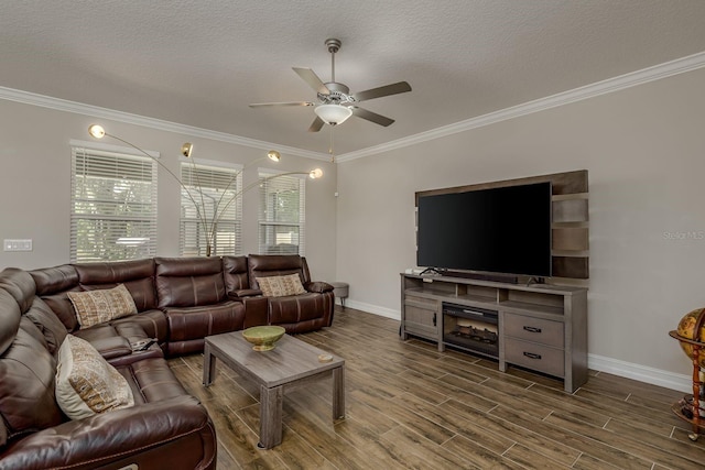 21590 Violet Periwinkle Dr, Land O Lakes, FL 34637 - living room with crown molding, baseboards, ceiling fan, dark wood-type flooring, and a textured ceiling
