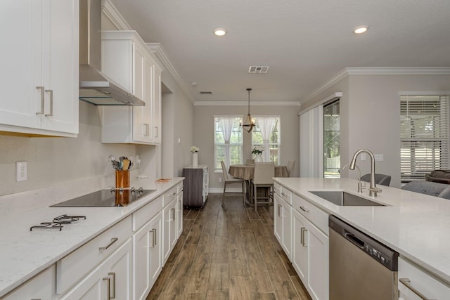 21590 Violet Periwinkle Dr, Land O Lakes, FL 34637 - kitchen featuring wall chimney range hood, visible vents, dishwasher, a sink, and black electric stovetop